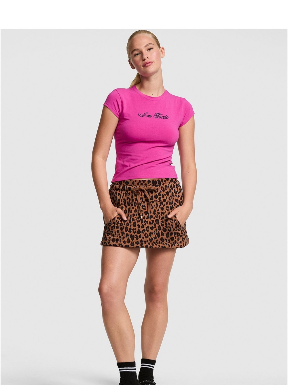 PINK Victoria's Secret Hot Pink Tee with Leopard Print Drawstring Skort